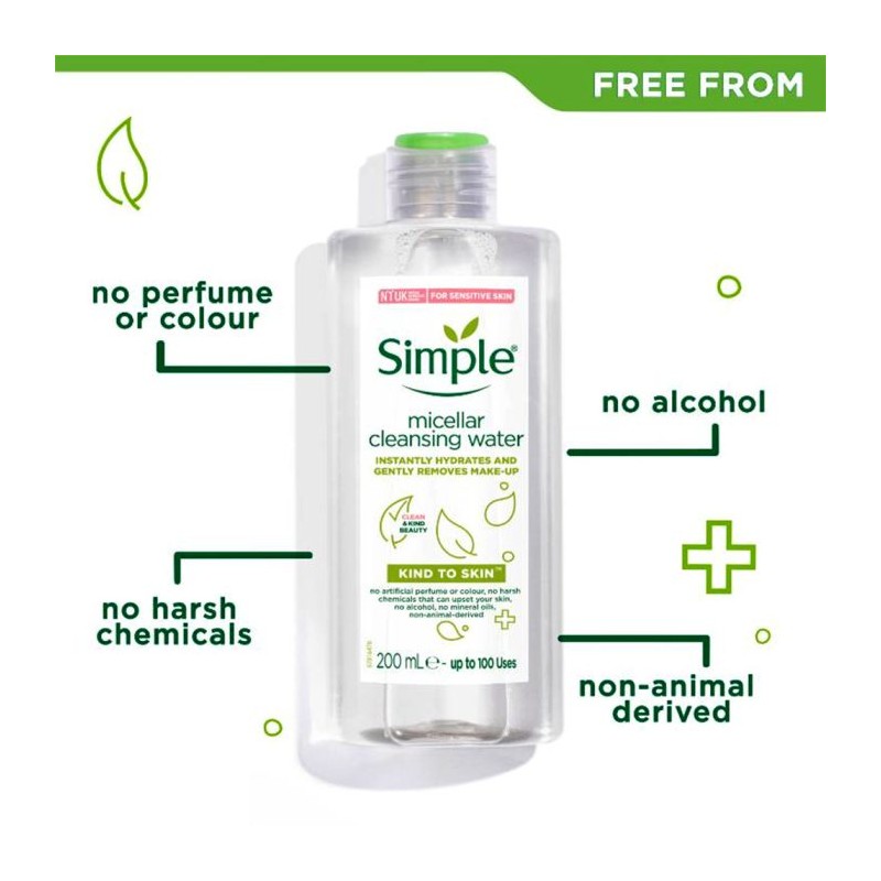 میسلار واتر پاک‌کننده و آبرسان ویتامین B3 مناسب پوست حساس سیمپل Kind to Skin Micellar Cleansing Water حجم 200 میل