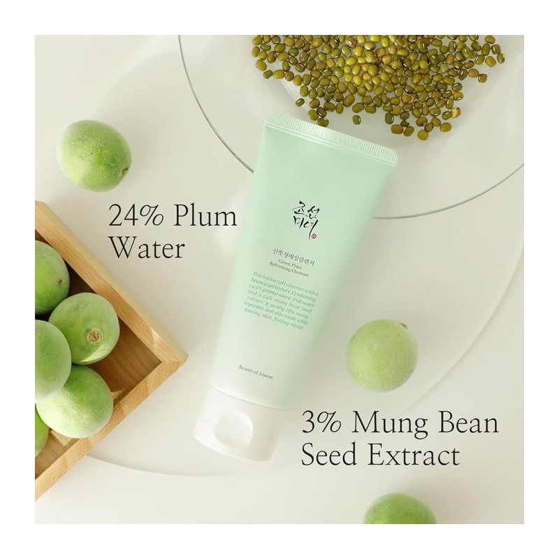 ژل شستشوی لایه بردار ملایم و تسکین دهنده مناسب پوست چرب و مختلط بیوتی اف جوسان Green Plum Refreshing Cleanser حجم 100 میل