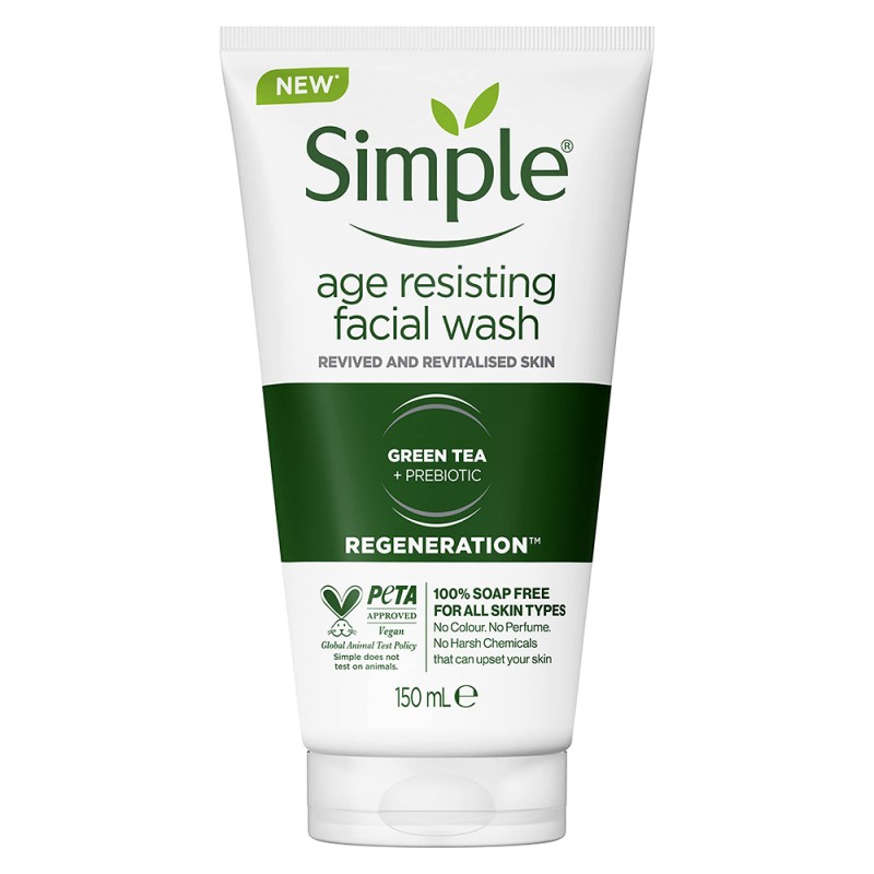 ژل شستشوی ضد مناسب انواع پوست سیمپل | Simple Regeneration Age Resisting with green tea and prebiotic Facial Wash حجم 150 میل