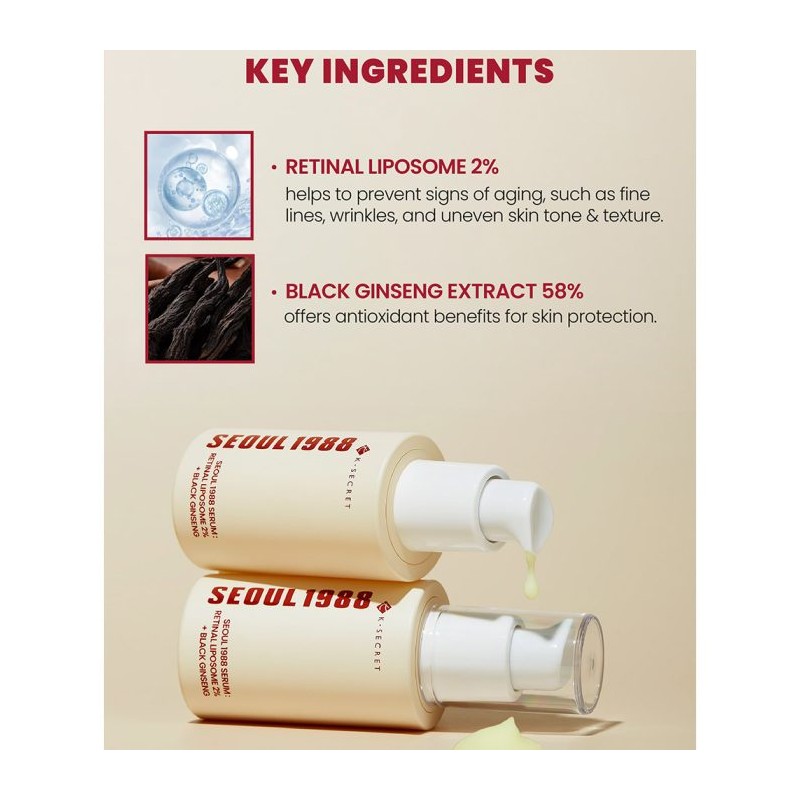 سرم ضد چروک و جوانساز رتینال و جینسینگ سیاه مناسب انواع پوست کی سکرت Retinal Liposome 2% + Black Ginseng Serum حجم 30 میل