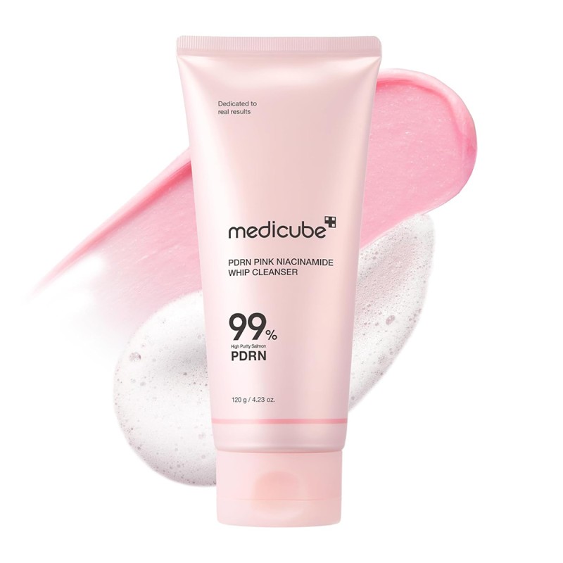شوینده روشن کننده و ترمیم کننده مناسب انواع پوست مدی کیوب PDRN Pink Niacinamide Whip Cleanser حجم 120 میل