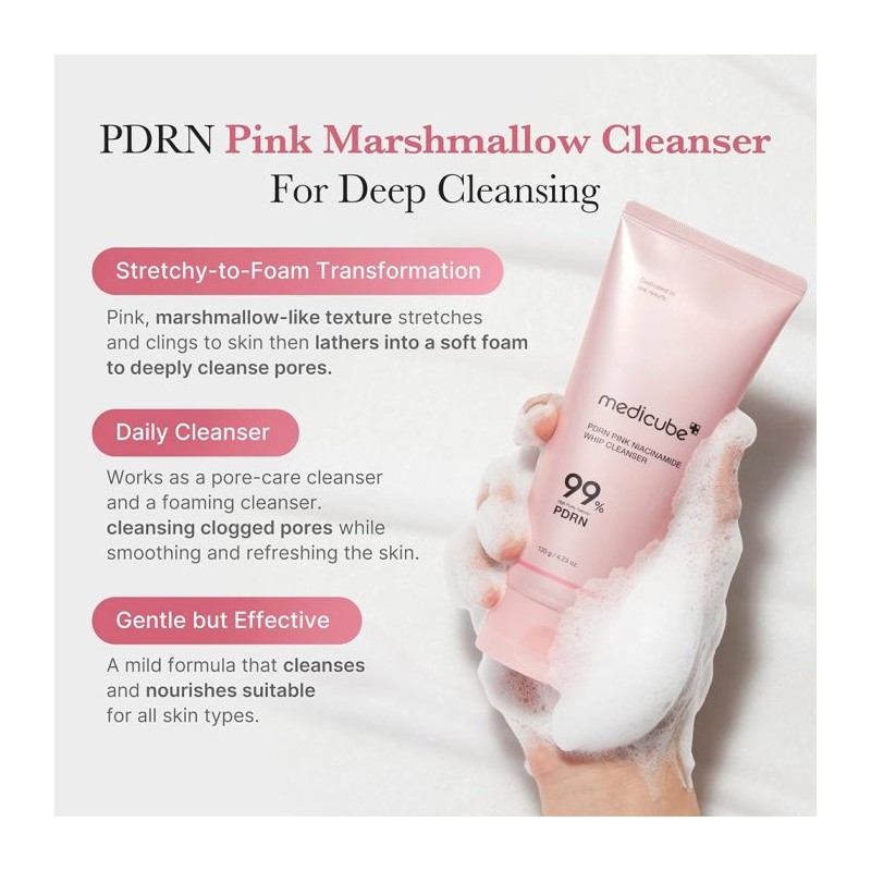 شوینده روشن کننده و ترمیم کننده مناسب انواع پوست مدی کیوب PDRN Pink Niacinamide Whip Cleanser حجم 120 میل