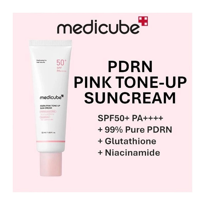 کرم ضد آفتاب تون آپ محافظ و روشن کننده مناسب انواع پوست مدی کیوب PDRN Pink Tone Up Sun Cream حجم 50 میل