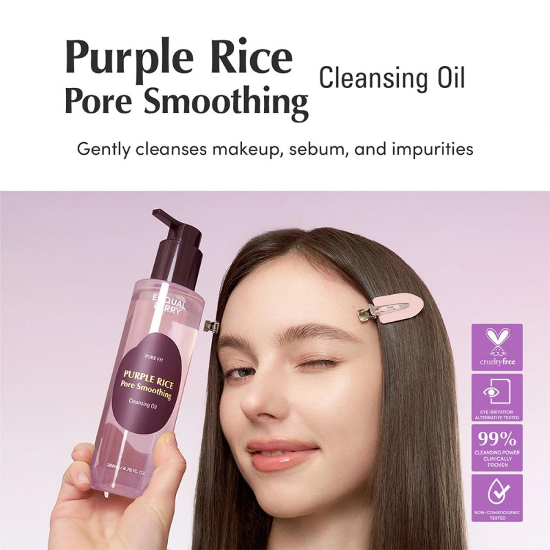 شوینده روغنی کنترل منافذ مناسب پوست چرب و مختلط اکوال بری EQQUALBERRY Purple Rice Pore Smoothing Cleansing Oil حجم 200 میل