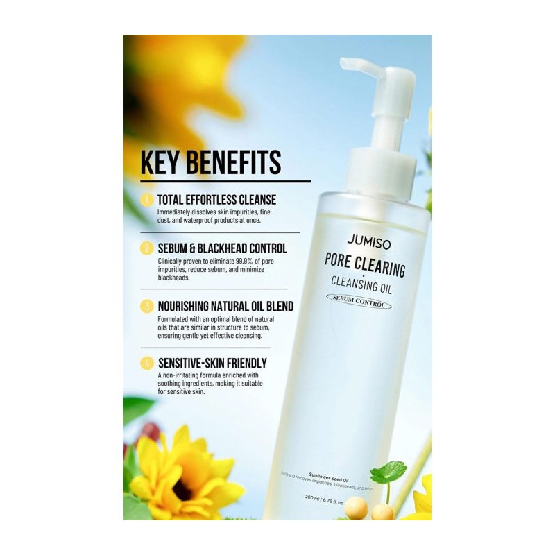 شوینده روغنی کنترل منافذ و ضدجوش مناسب پوست چرب و مختلط جومیسو Jumiso Pore Clearing Cleansing Oil حجم 200 میل