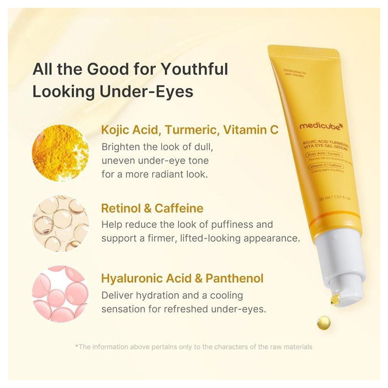 سرم ژلی دور چشم با کوجیک اسید و زردچوبه مناسب پوست کدر مدی کیوب Medicube Kojic Acid Turmeric Vita Eye Gel Serum حجم 30 میل