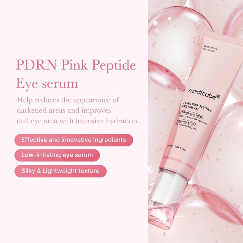 کرم دور چشم ضدچروک و روشن‌کننده با PDRN و پپتاید مناسب انواع پوست مدی کیوب  Medicube PDRN Pink Peptide Eye Cream حجم 30 میل