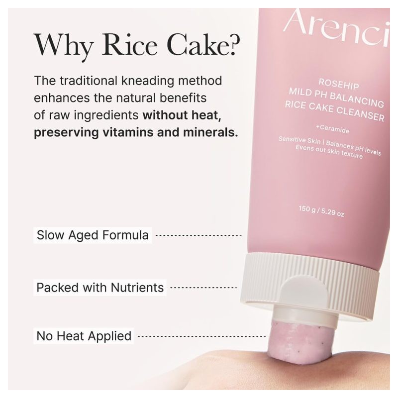 شوینده تقویت کننده با هیالورونیک اسید مناسب پوست حساس آرنسیا Arencia Rosehip Mild pH Balancing Rice Cake Cleanser حجم 150 میل