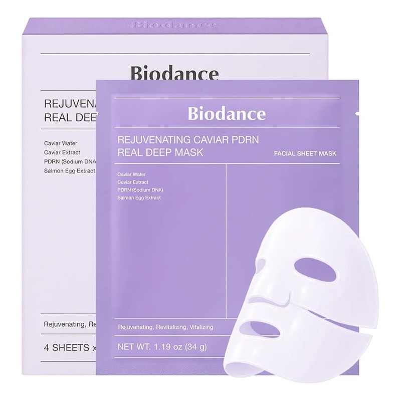 ماسک ورقه ای ضد چروک و درخشان کننده PDRN و خاویار مناسب دهیدراته بایودنس Rejuvenating Caviar PDRN Real Deep Mask بسته 4 عددی