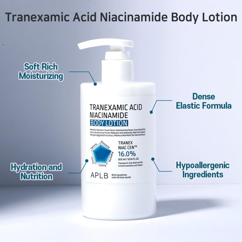 لوسیون بدن نیاسینامید و ترانگزامیک اسید APLB ضد لک و روشن کننده قوی پوست APLB Tranexamic Acid Niacinamide Body Lotion